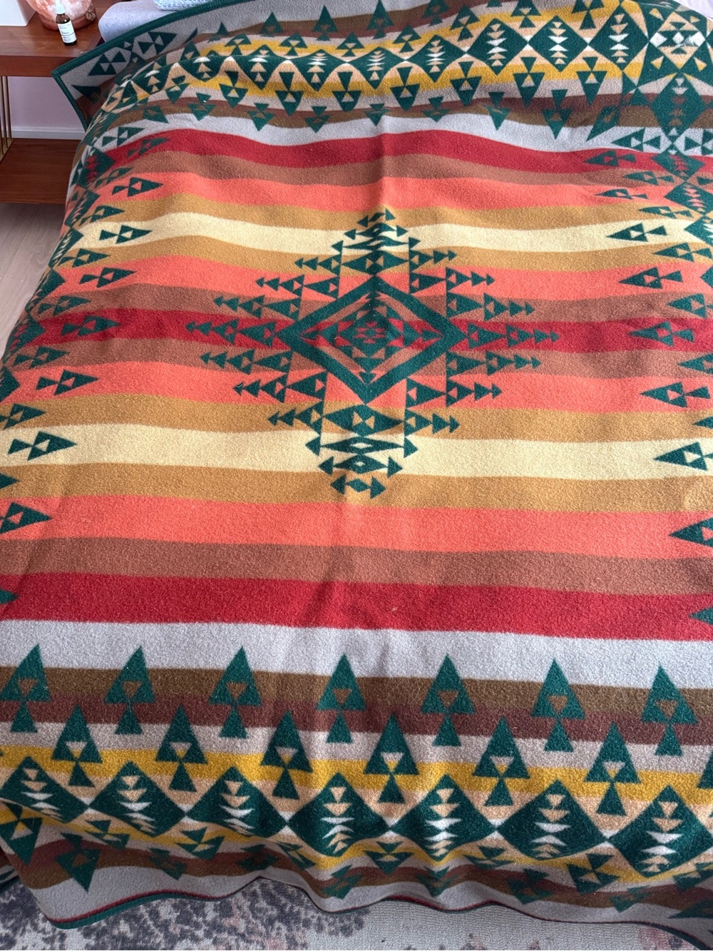 Vintage Pendleton Green Geometric Native Pattern Reversible Wool Throw